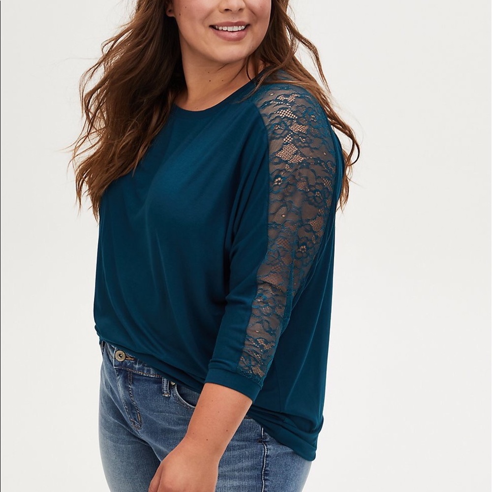 Torrid Like New SUPER SOFT TEAL LACE PANEL DOLMAN TOP Size 5